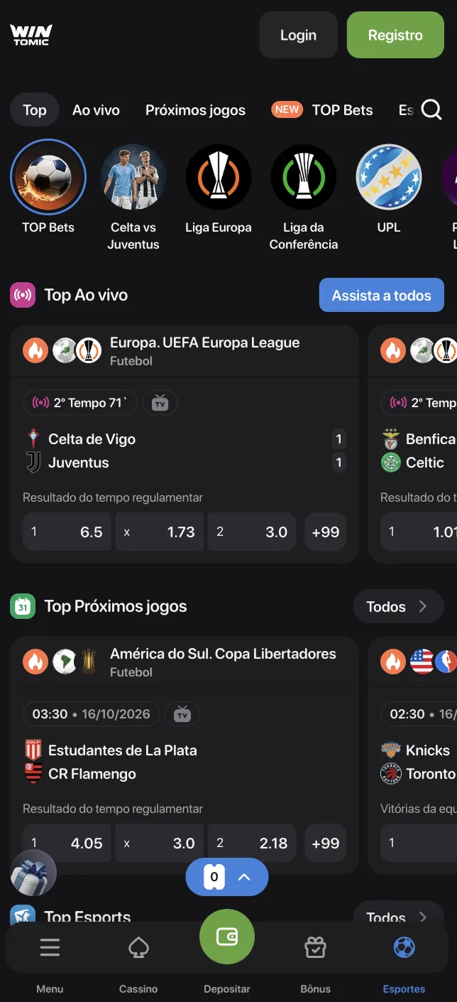 Apostas esportivas da Wintomic no celular com jogos ao vivo e o Flamengo na Copa Libertadores