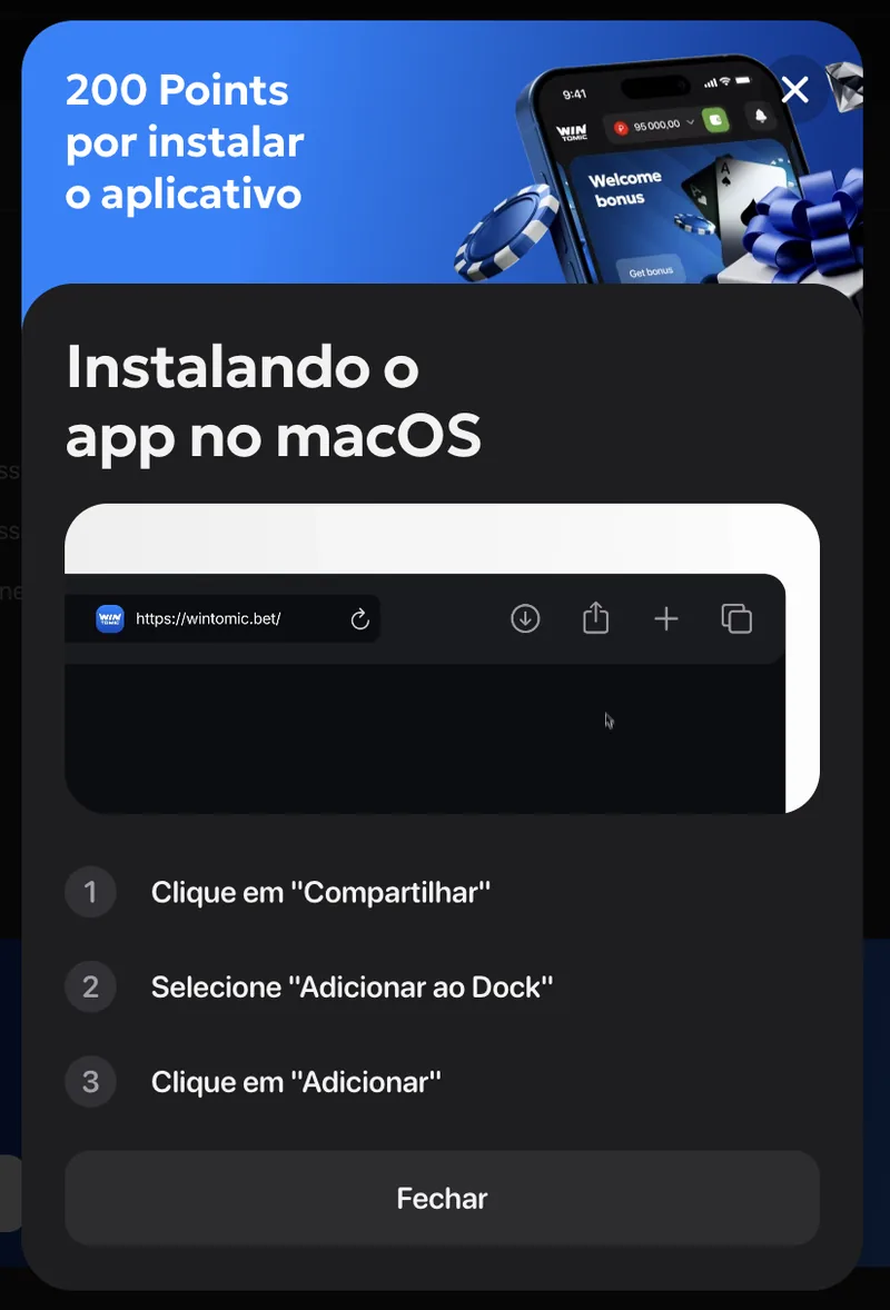 Instruções para instalar o app da Wintomic com 200 pontos pela instalação