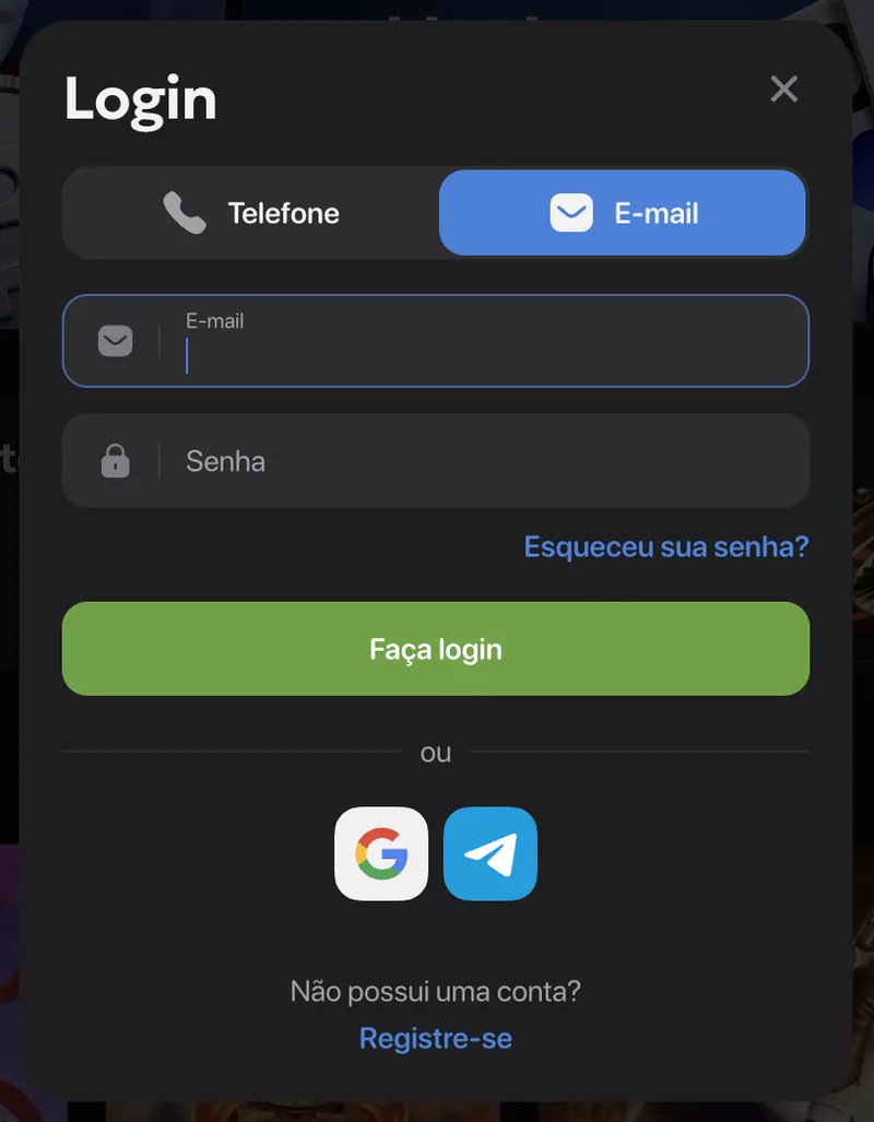 Tela de login da Wintomic com e-mail e senha e entrada por Google ou Telegram