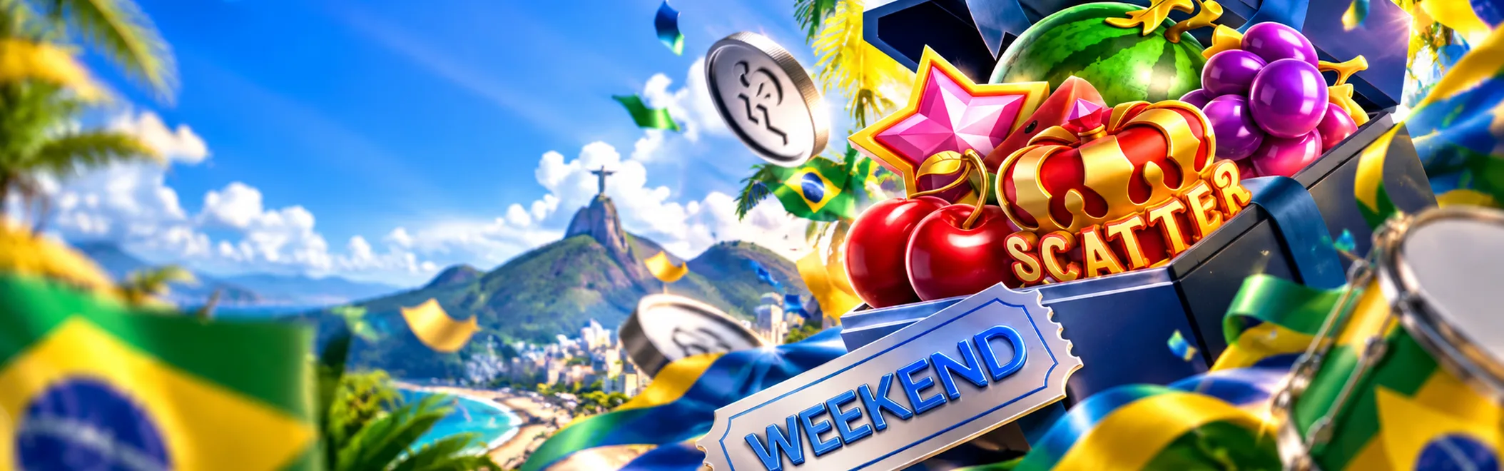 Baú de prêmios da Wintomic com bônus de fim de semana, frutas de slot e Cristo Redentor no Rio de Janeiro